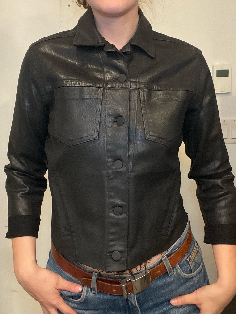 L'AGENCE Black Button-Front Faux Leather Jacket